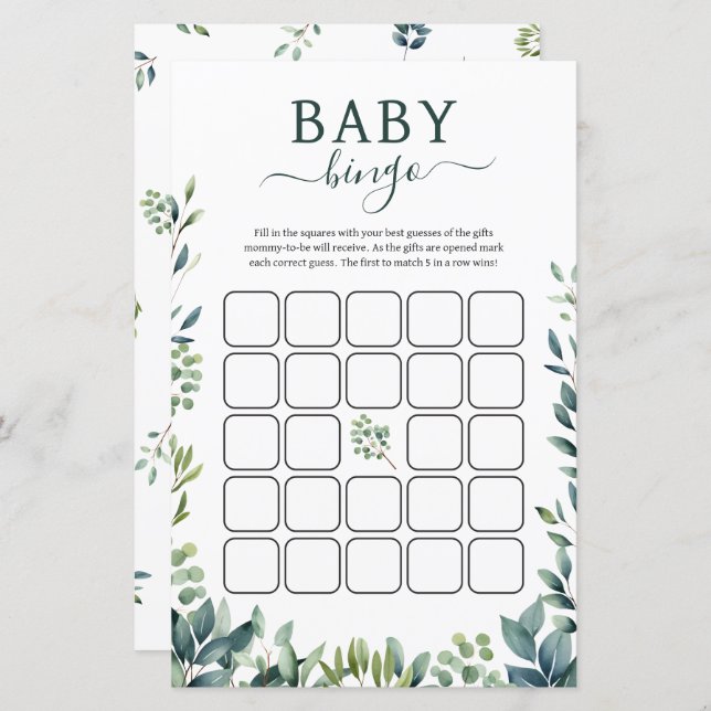 Papier Elégant Baby shower de verdure botanique Bingo Jeu (Devant / Derrière)