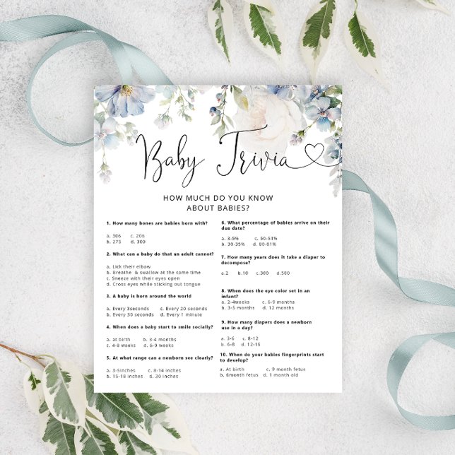 Papier Elégant Baby shower Fleurs Bleues Trivia Jeu (Créateur téléchargé)