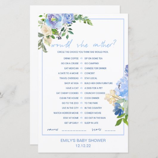 Papier Élégant Baby shower Floral Bleu Jeu imprimé (Devant / Derrière)