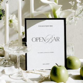 Papier Elegant Black & White Modern Wedding Open Bar Sign
