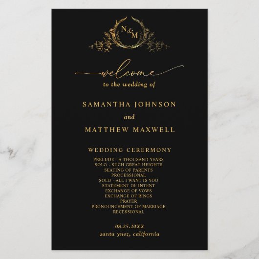 Papier Elegant Black with Gold Monogram Wedding Program (Devant)