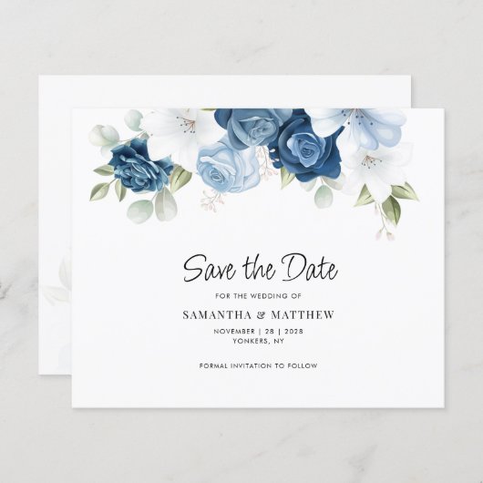 Papier Elégant bleu Floral QR Code Mariage Enregistrer la (Devant / Derrière)
