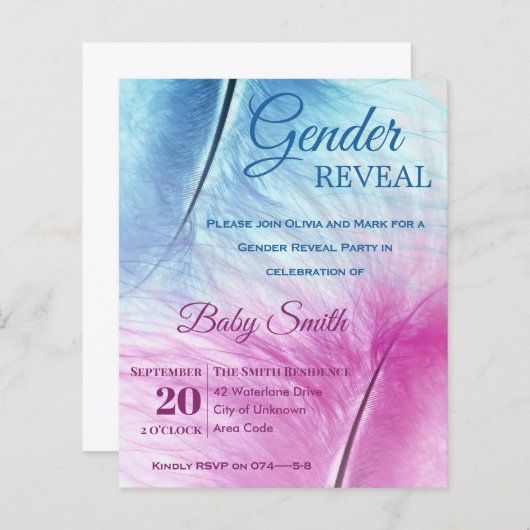 Papier Elégant bleu rose plumes Genre Reveillez Invitatio (Devant / Derrière)