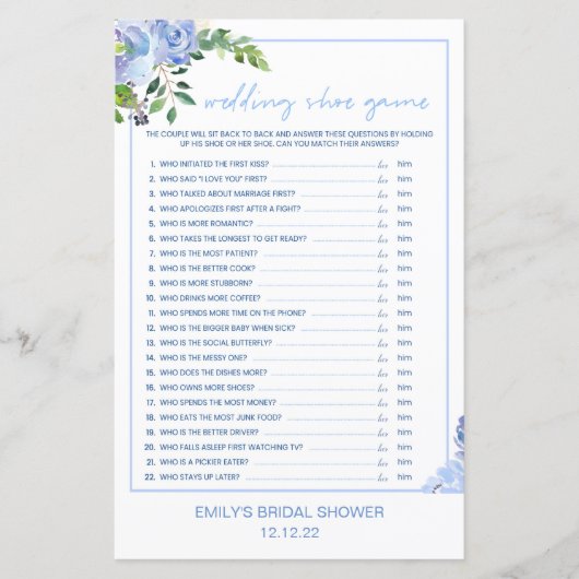 Papier Elegant Blue Floral Bridal Shower Game Printed (Devant)