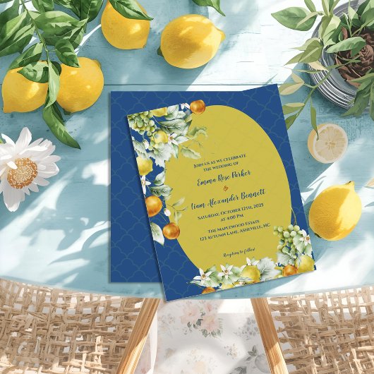 Papier Elegant Blue Gold Citrus Floral Wedding Invitation