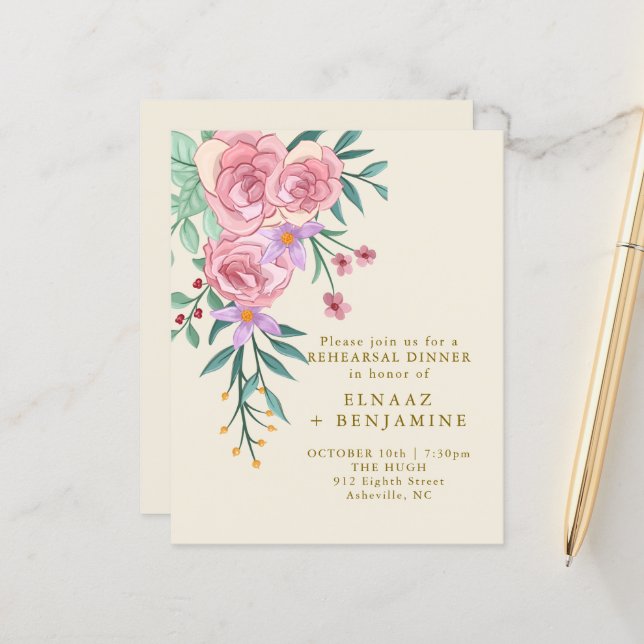 Papier Elégant Boho Blush Rose Aquarelle Mariage Floral (Devant/Arrière en situation)