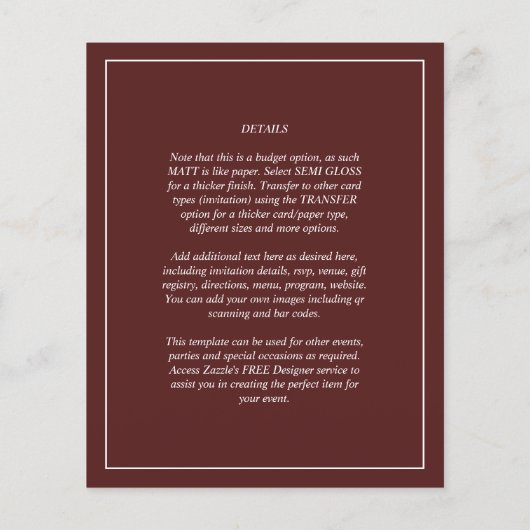 Papier Élégant Bourgogne Monochrome Mariage Simple Classi (Dos)