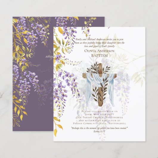 Papier Élégant BUDGET BAPTISME Invitation Wisteria Purple (Devant / Derrière)