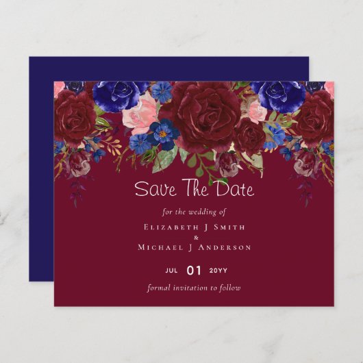 Papier Élégant budget Burgundy Blue Floral Mariage (Devant / Derrière)