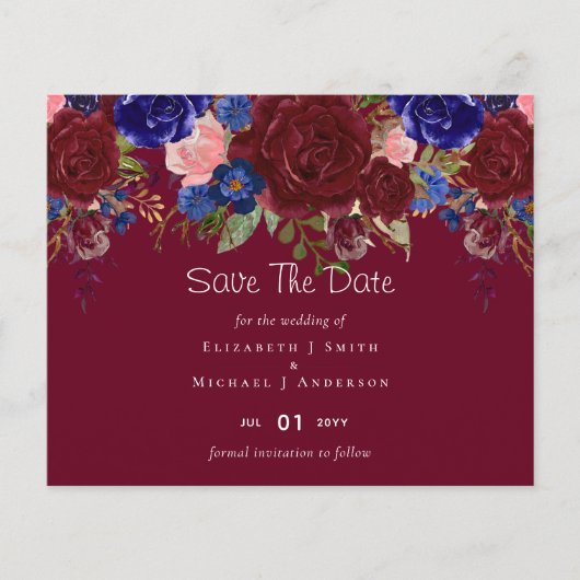 Papier Élégant budget Burgundy Blue Floral Mariage (Devant)