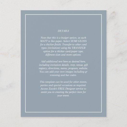 Papier Élégant budget Dusty Blue Monochrome Mariage (Dos)