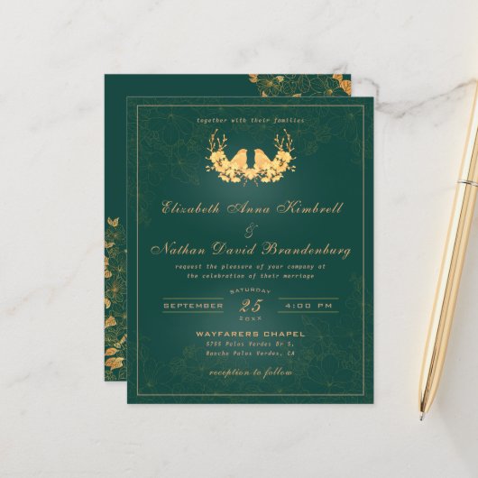 Papier Élégant budget Emerald Green Mariage or (Devant/Arrière en situation)