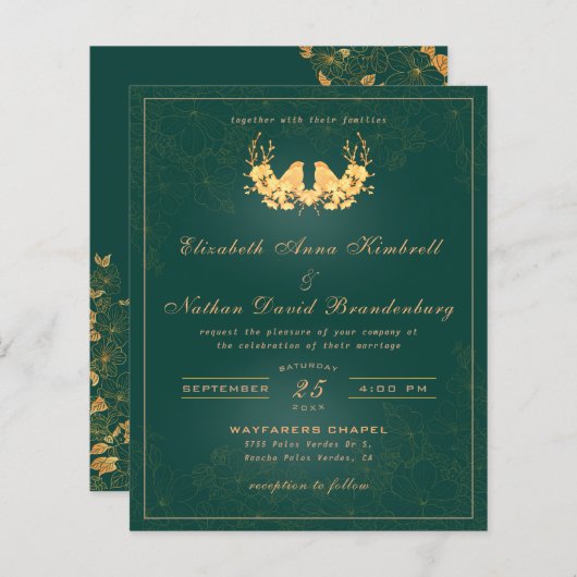 Papier Élégant budget Emerald Green Mariage or (Devant / Derrière)