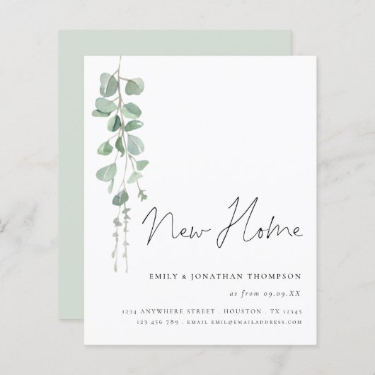 Papier Élégant budget Eucalyptus Script Moving New Home (Devant / Derrière)