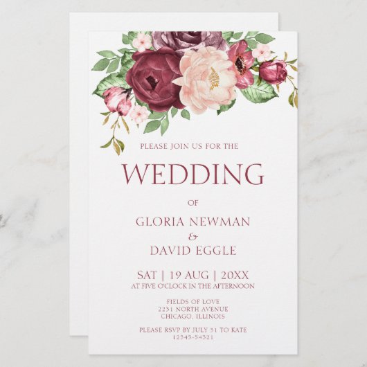 Papier Élégant budget Faire-part de mariage rose Marsala (Devant / Derrière)