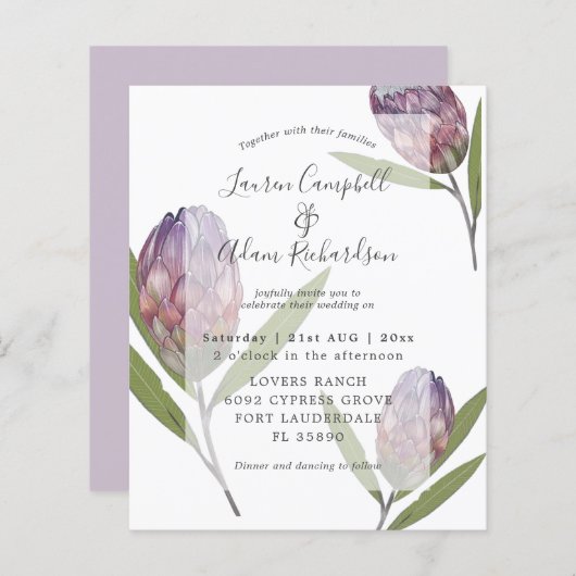 Papier Élégant budget Protea violet Faire-part de mariage (Devant / Derrière)