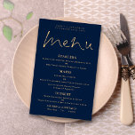 Papier Élégant budget Script Gold Marine Blue Mariage Men<br><div class="desc">Élégant Script Gold Marine Blue Mariage Menu. Une taille de prix budget 5.5" x 8.5", Un design typographique élégant en or et blanc, avec un script stylé pour le Menu d'en-tête. Personnalisez facilement le reste du texte à vos propres détails qui inclut des alternatives pour vos options végétaliennes ou végétariennes....</div>