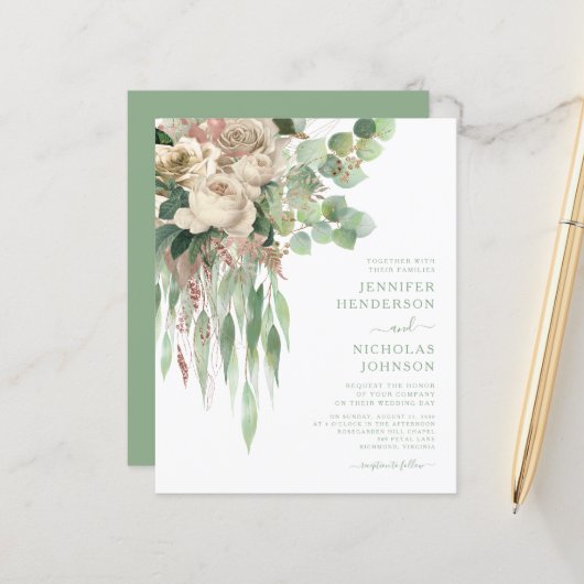 Papier Élégant budget Vert Floral Rose Mariage (Devant/Arrière en situation)