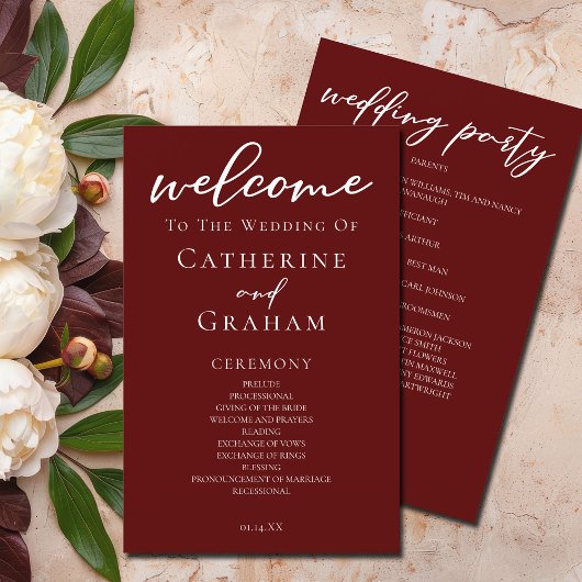 Papier Élégant Burgundy Script Soirée de Mariage Programm