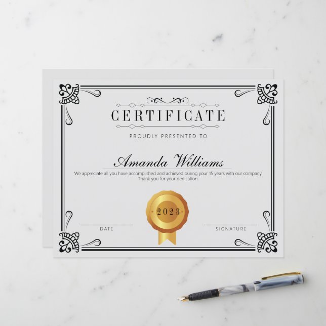 Papier Élégant certificat classique de réussite gris (Devant/Arrière en situation)