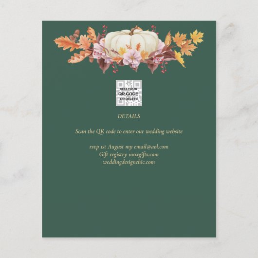 Papier Élégant Citrouille Automne Green Gold Mariage Date (Dos)