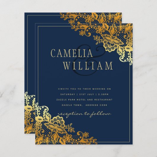 Papier Elégant classique dentelle d'or bleu mariage Invit (Devant / Derrière)