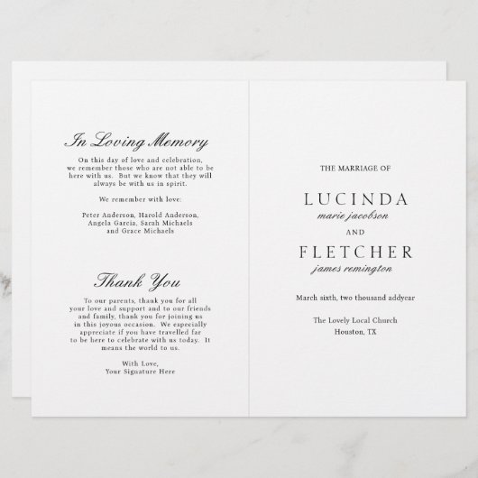 Papier Élégant classique noir blanc Formal Wedmal Program (Devant / Derrière)