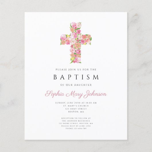 Papier Élégant culte rose floral croix Baptême (Devant)