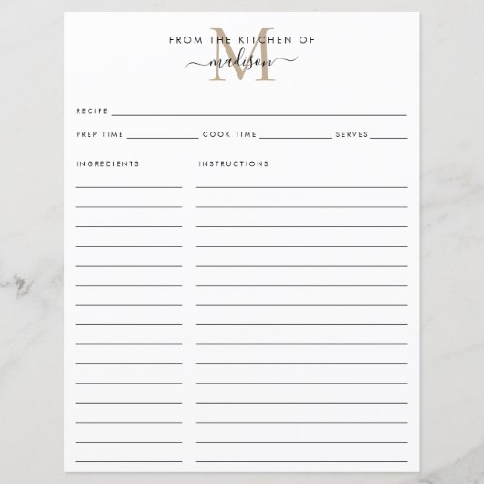 Papier Élégant de la cuisine de la recette de monogramme  (Devant)