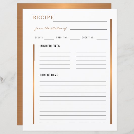 Papier Élégant de la cuisine de recette blanche or (Devant / Derrière)