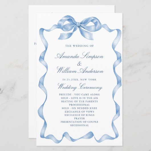 Papier Élégant Dusty Blue Main Drawn Bow Wedding Programm (Devant / Derrière)