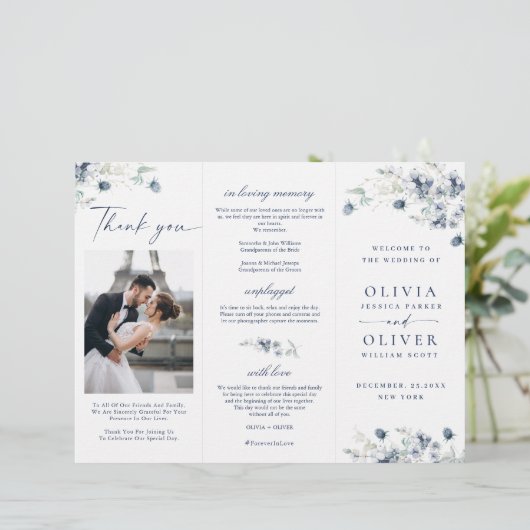 Papier Élégant Dusty Blue Winter Wedding Ceremony Program (Debout devant)