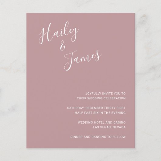 Papier Elégant Dusty Rose moderne Budget Mariage Inviter (Devant)