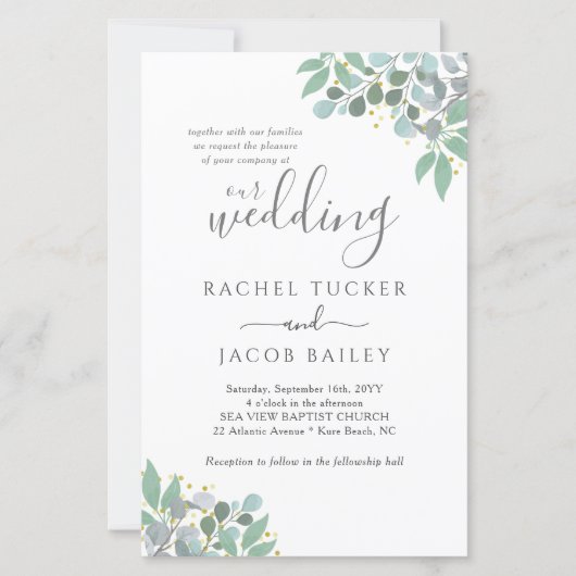 Papier Elégant Eucalyptus Dusty Blue Faire-part de mariag (Devant)