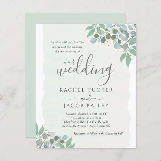 Papier Elégant Eucalyptus Dusty Blue Faire-part de mariag (Devant / Derrière)