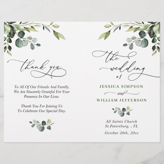Papier Elégant Eucalyptus Watercolor Boho Wedding Program (Devant)