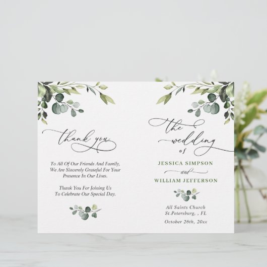 Papier Elégant Eucalyptus Watercolor Boho Wedding Program (Debout devant)