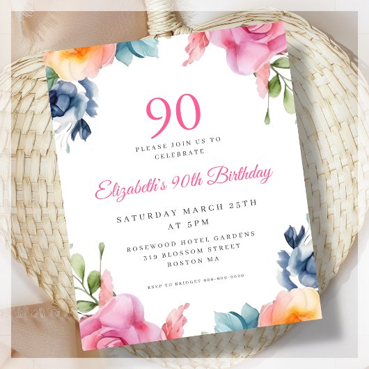 Papier Elégant Floral 90e Anniversaire Budget Invitation