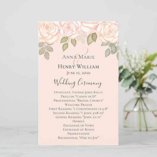Papier Élégant Floral Blush Roses Simple Wedding Programm (Debout devant)