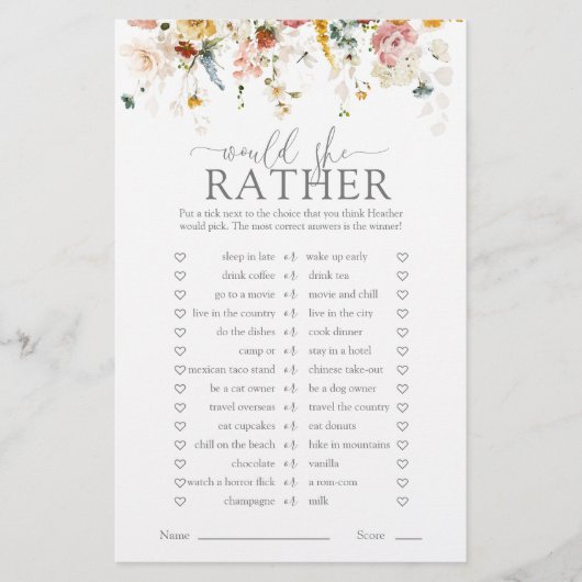 Papier Élégant Floral Voudrait-Elle Plutôt Fête des marié (Devant)