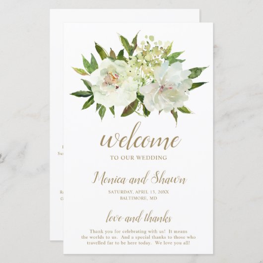 Papier Élégant Gold Blanc Floral Moderne Mariage Programm (Devant / Derrière)