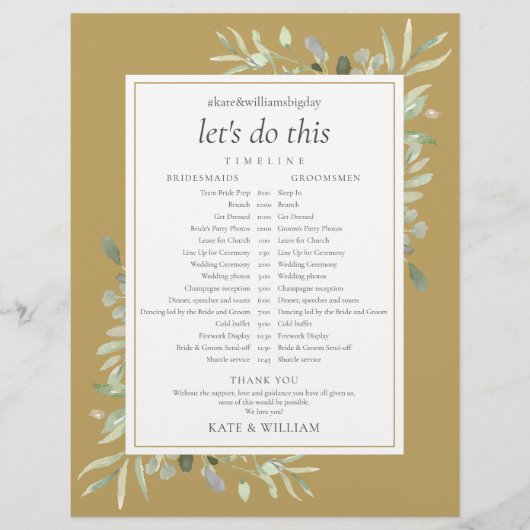 Papier Elegant Gold Green Calendrier Mariage (Devant)