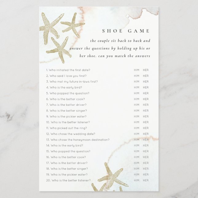 Papier Elegant Gold Starfish Shoe Game Bridal Shower Game (Devant)