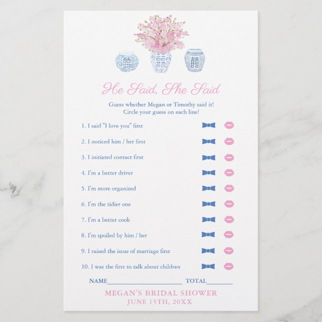 Papier Élégant, Il Dit Qu'Elle A Dit Wedding shower Game  (Devant)