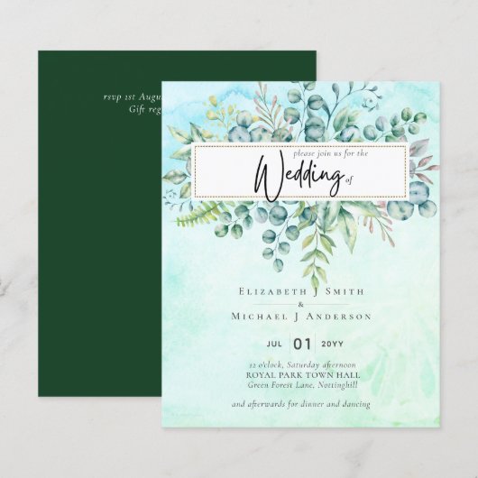 Papier Élégant Invitation BUDGET Eucalyptus Bleu Vert Sim (Devant / Derrière)