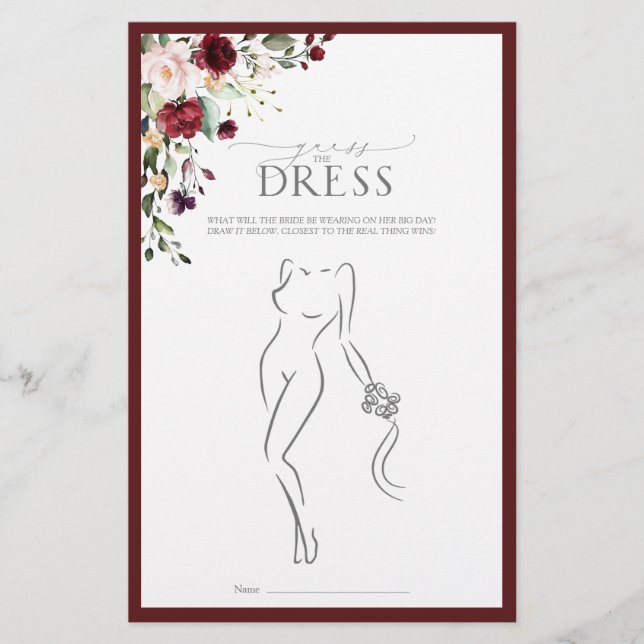 Papier Élégant jeu de Fête des mariées florale Burgundy B (Devant)