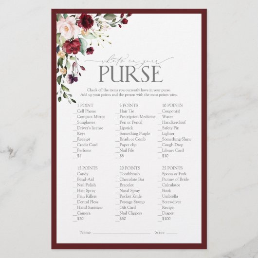 Papier Élégant jeu de Fête des mariées florale Burgundy B (Devant)