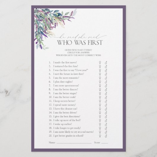 Papier Élégant Lavender Floral Fête des mariées Jeu (Devant)