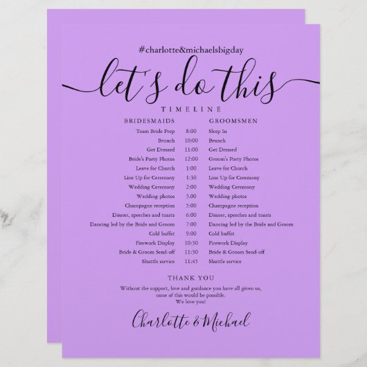 Papier Elegant Lavender Lilac Mariage Horaire (Devant / Derrière)
