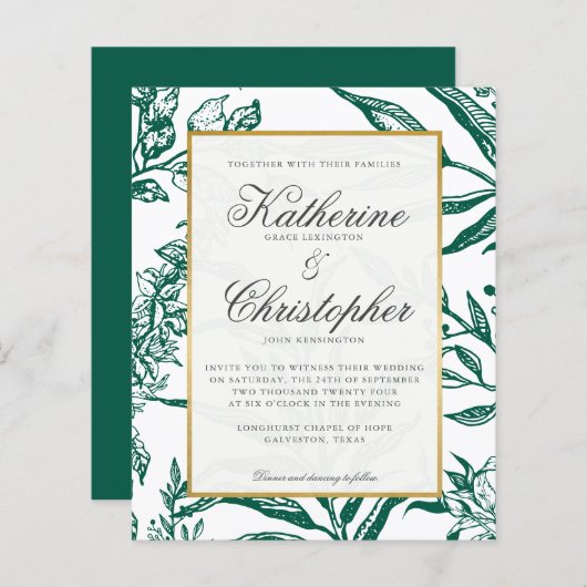 Papier Élégant Mariage botanique d'or vert BUDGET (Devant / Derrière)